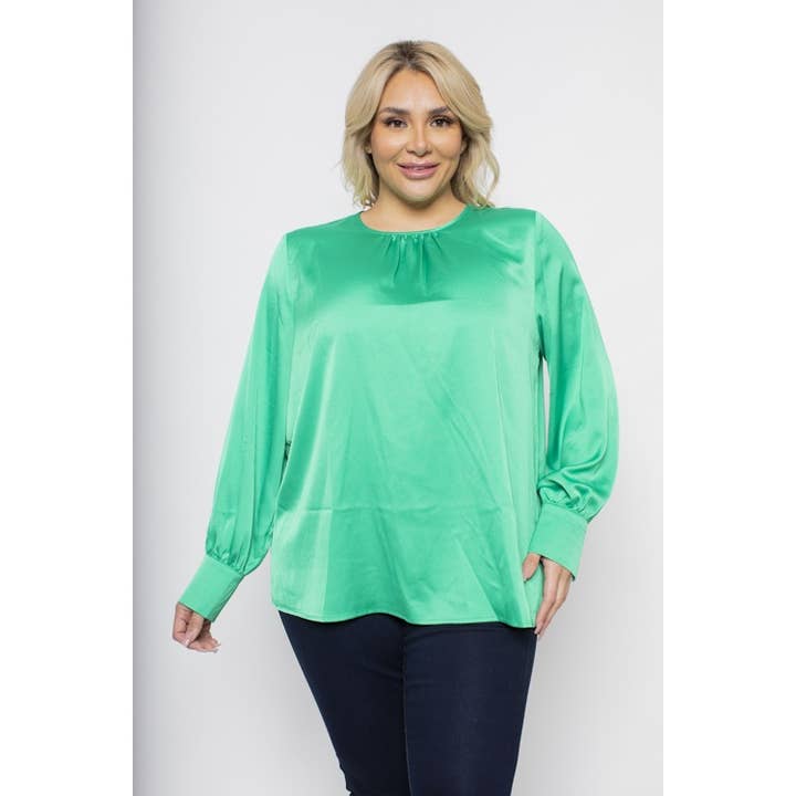 PLUS SIZE SATIN PLEATED ROUND NECK LONG SLEEVE BLOUSE for wholesale by Curve Market
