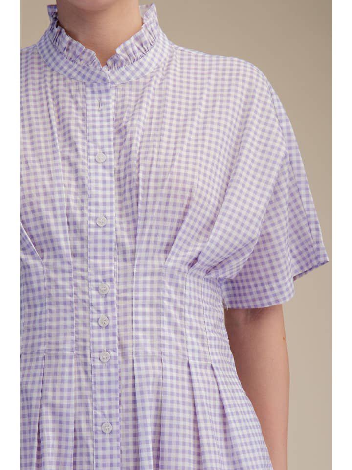 Glam - Wholesale Dress - Women's - Gingham Check Ruffle Neck Waist Pleated Midi Dress14