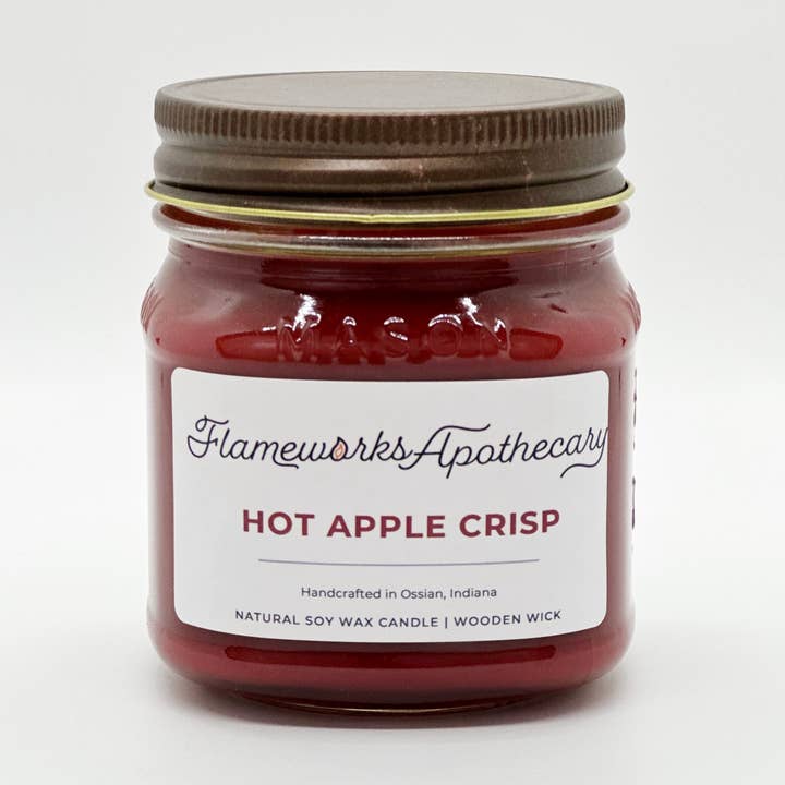 Hot Apple Crisp 8 oz Mason Jar Wooden Wick Candle for wholesale by Flameworks Apothecary