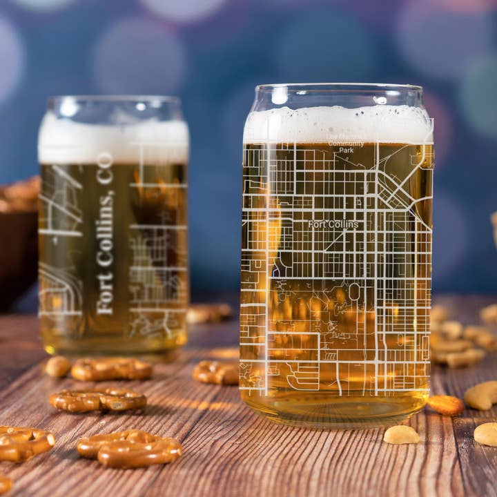 Fort Collins CO - Street Map - Engraved Beer Can Glass for wholesale by Blue Ridge Mountain Gifts