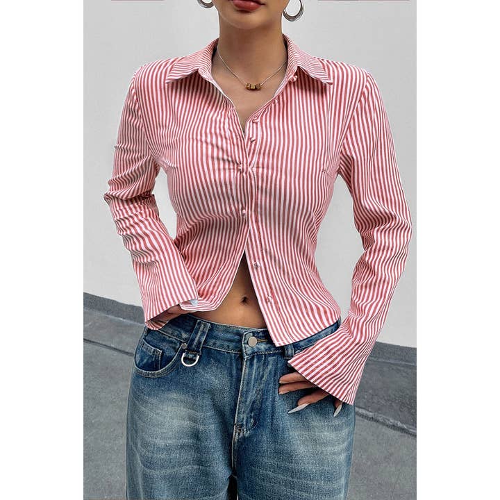 Supreme Fashion - Wholesale Blouse - Women's - Button Down Striped Slim Fit Long Sleeve Blouse7