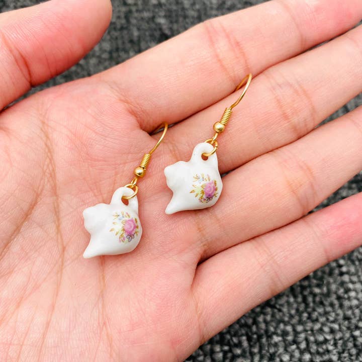 Mio Queena - Wholesale Dangle Earrings - Pink flower Ceramic Teapot & Tea Cup Charm Dangle Earrings