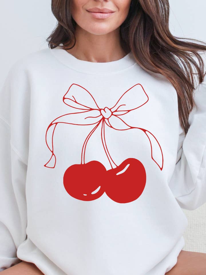 Sød Kirsebær Sløjfe Sweatshirt - Trendy sweatshirt med rund hals for engroshandel hos Desert Raine