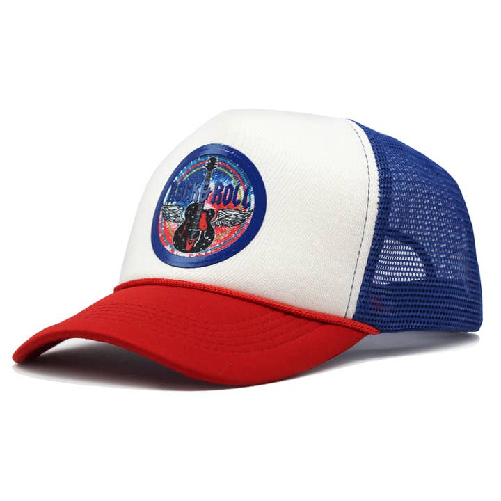 WHITE BLUE RED ROCK N ROLL TRUCKER HAT for wholesale on Faire0