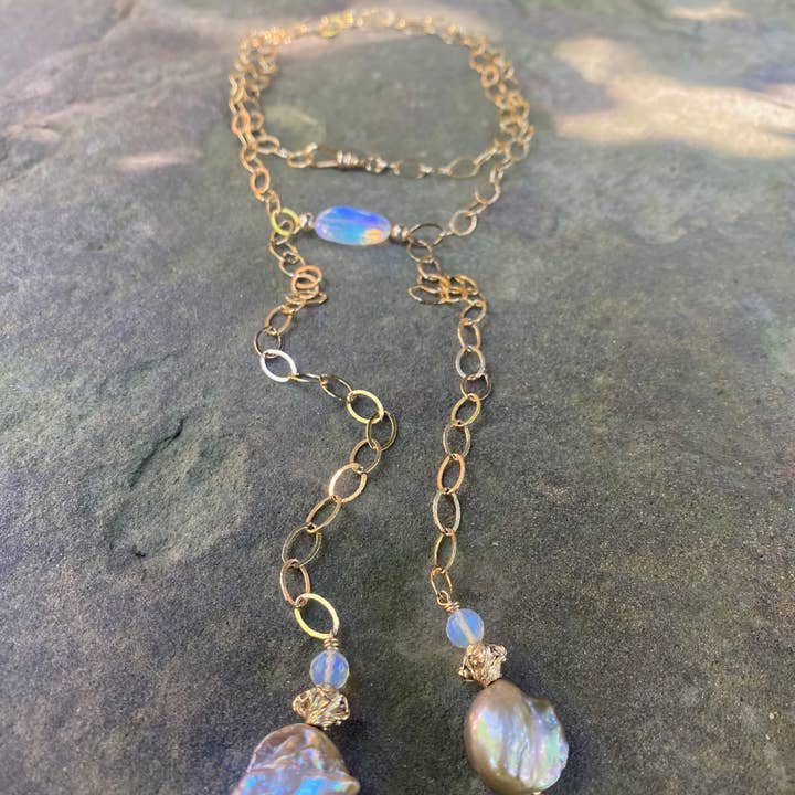 14K GF Opal and Pearl Lariat Necklace for wholesale by Beshea Beshea