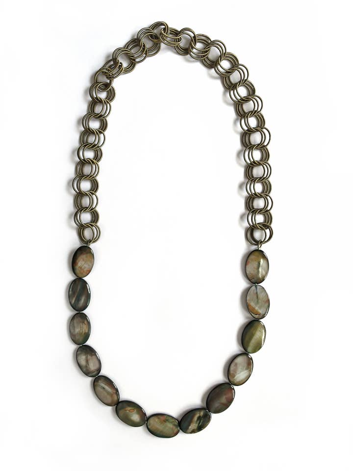 Bronze Wire Circles Beaded Necklace with Mother of Pearl for wholesale by Sea Lily