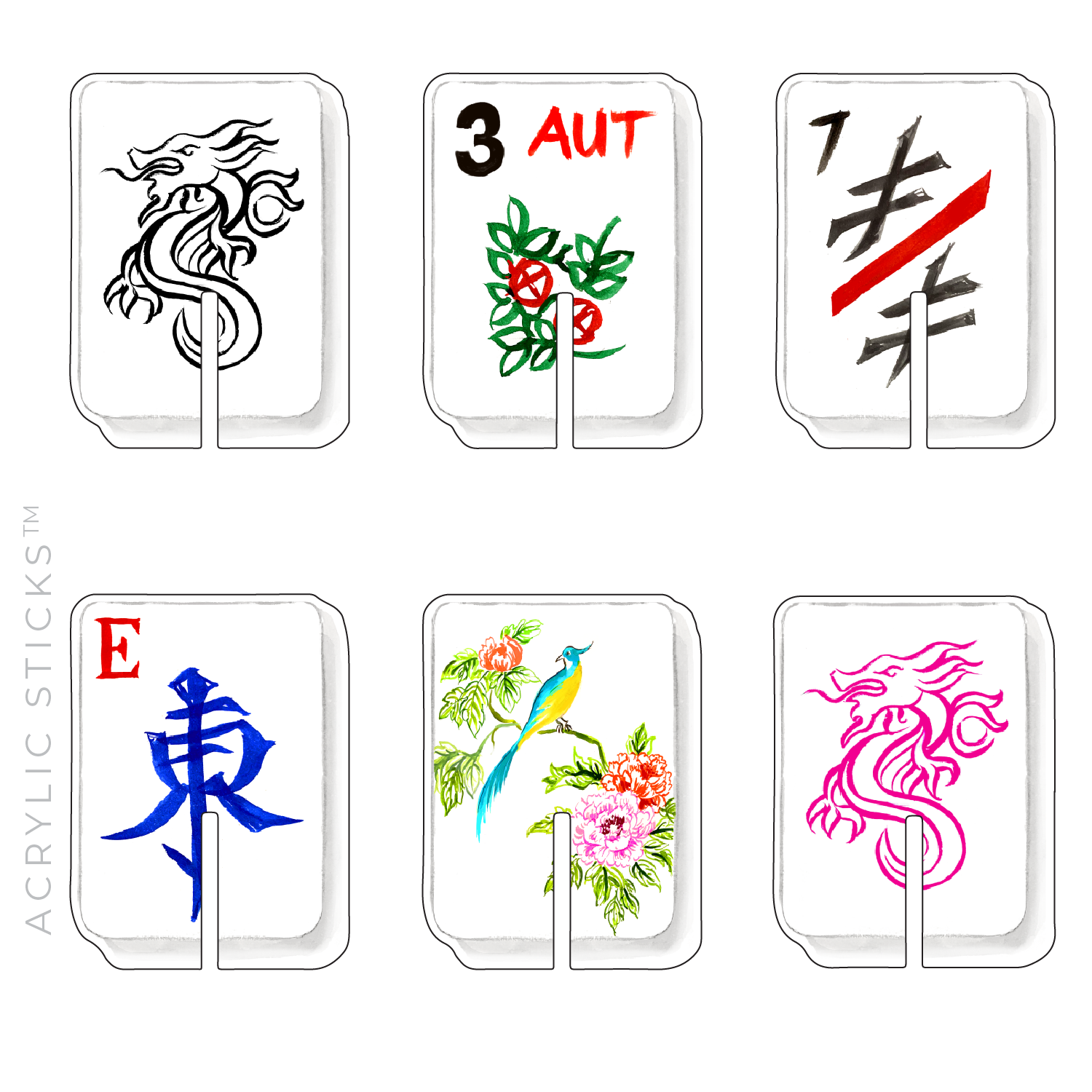 XO ACRYLICS | ACRYLIC STICKS - Wholesale Drink Topper - CLASSIC MAHJONG ACRYLIC DRINK CLIP COMBO1