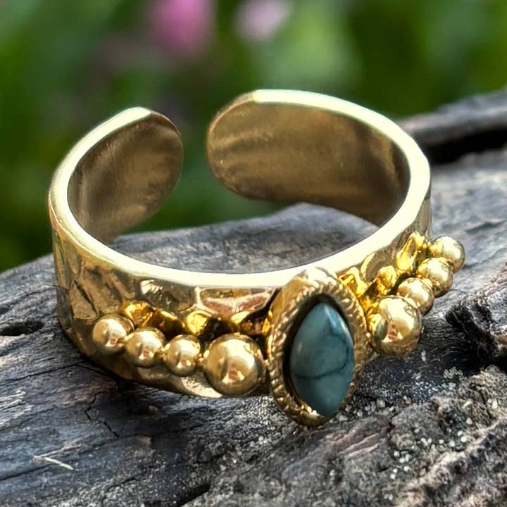 Ocean Ripples - Vente Bague de cocktail/de cérémonie - Bague réglable en turquoise africaine plaquée or 18 carats0
