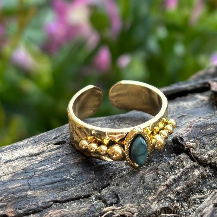 Ocean Ripples - Vente Bague de cocktail/de cérémonie - Bague réglable en turquoise africaine plaquée or 18 carats