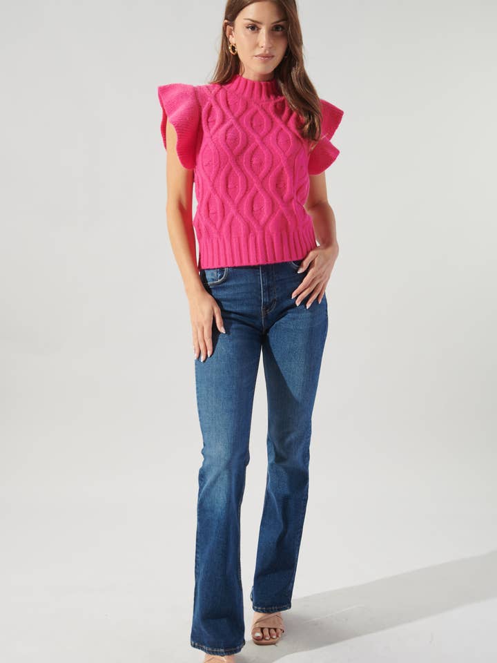 Sugarlips - Wholesale Knit Sweater - Women's - Tatum Flutter Sleeve Cable Knit Sweater Top