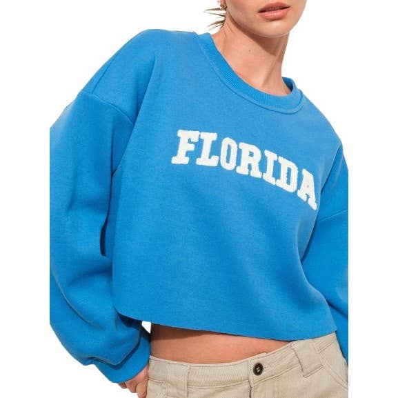 Cropped State Sweatshirt with Raw Edge and Fuzzy Game Day D for wholesale by Blue Bunny Inc