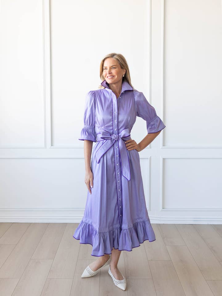 A-Line Lavender Pearl Button Up Elegant Midi Dress for wholesale by Kim Lolley Designs