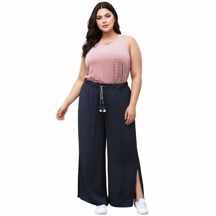 Robin K - Wholesale Pants - Women's - Pleione Plus Size Women's Tassel Drawstring Palazzo Pants