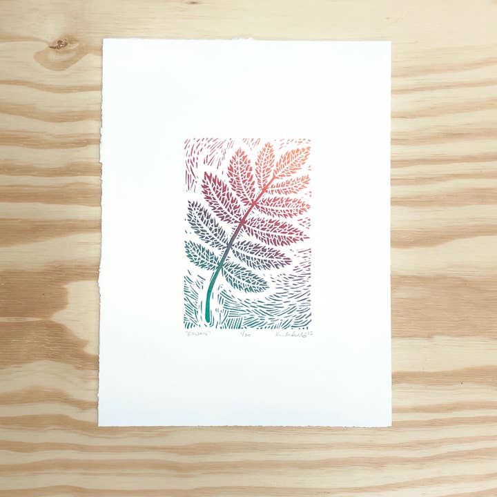 Rowan leaf - woodblock print (9x12”) for wholesale by Lemuette