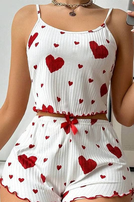 HIDDENBRAND - Wholesale Lounge Set - Women's - Valentines Red Heart Print cami short pajama Lounge Set5