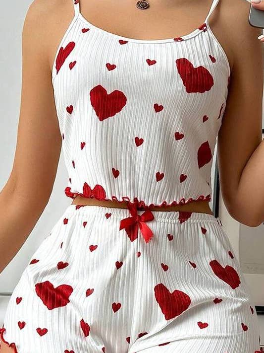 HIDDENBRAND - Wholesale Lounge Set - Women's - Valentines Red Heart Print cami short pajama Lounge Set5