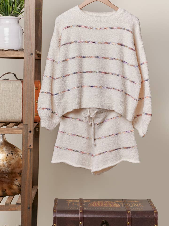 Ivory Multi Color Overstitch Stripe Sweater Short for wholesale on Faire3