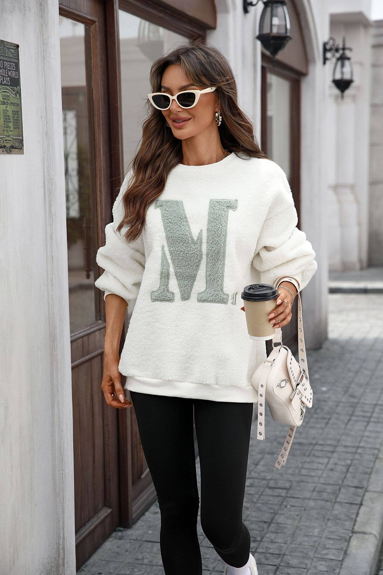 BEIGE Loose fleece with letter-embroidered sweatshirt for wholesale on Faire2