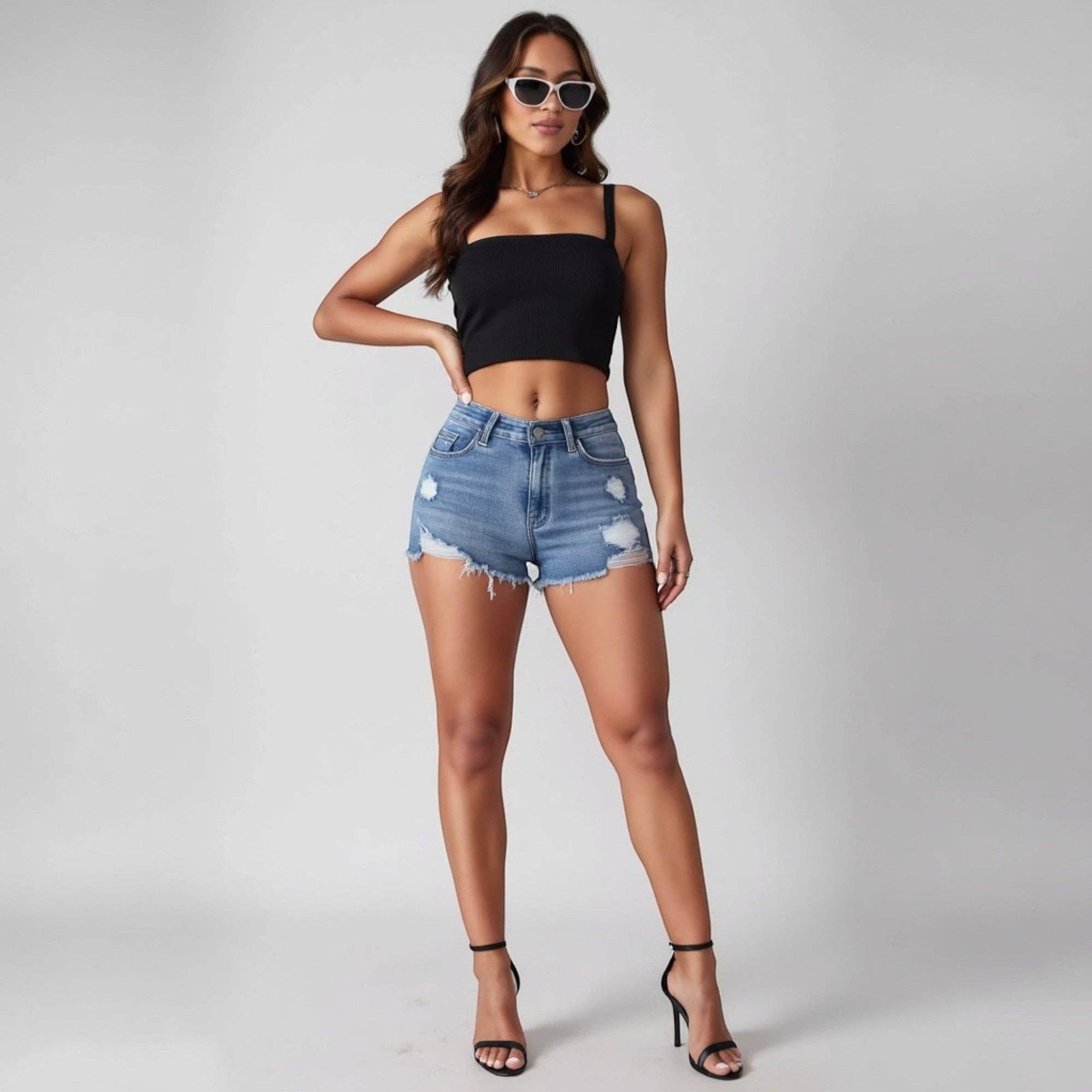 Blue High Waist Distressed Denim Shorts with Raw Hem for wholesale on Faire6