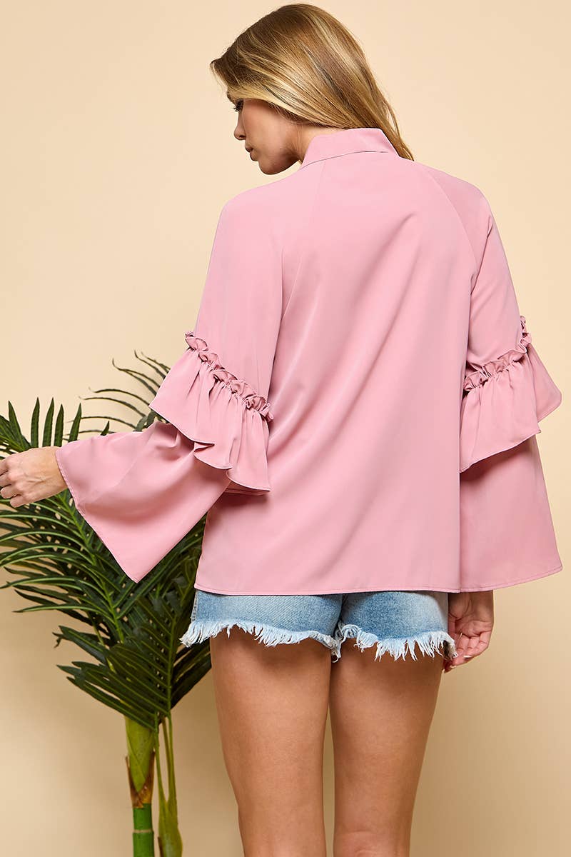 Nackt Rosa Langärmelige Bluse mit Lagen, ausgestellten Ärmeln und Schleifenkragen für den Großhandel auf Faire11