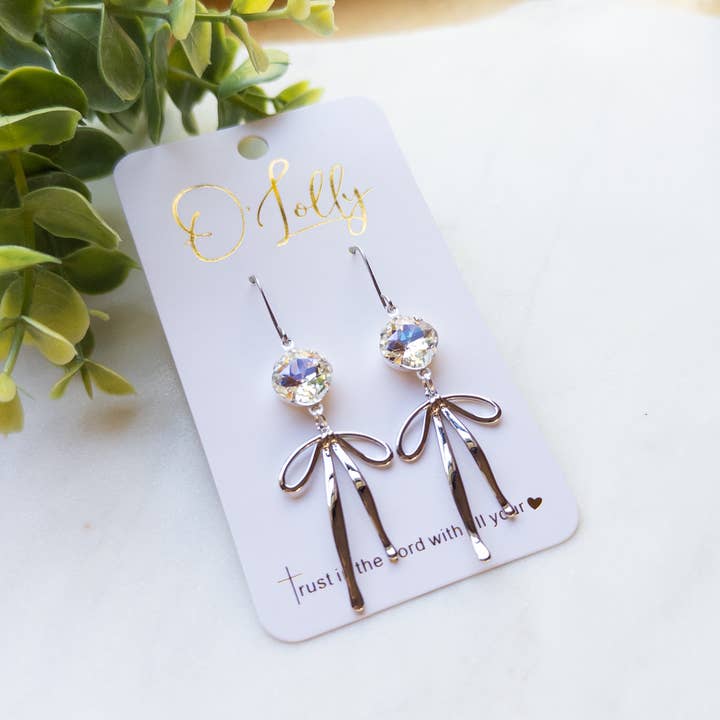 O’Lolly Jewelry - Wholesale Dangle Earrings - "Blakely"- Clear 10mm Stone w/Gold Bow Dangle Earrings