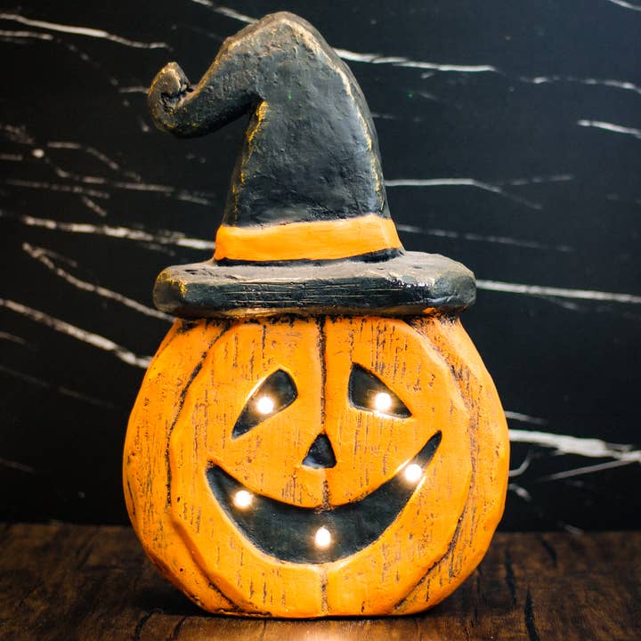 A Cheerful Giver - Wholesale Decorative Tabletop Object - Jack 'O Lantern With Hat And LED Lights2
