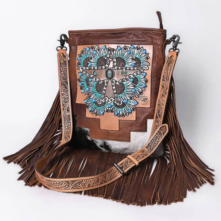 LS Western - Wholesale Messenger Bag - Women's - ADBG1633 Leather Thunderbird Messenger Bag with Turquoise Accents, Fringe & Tooled Strap