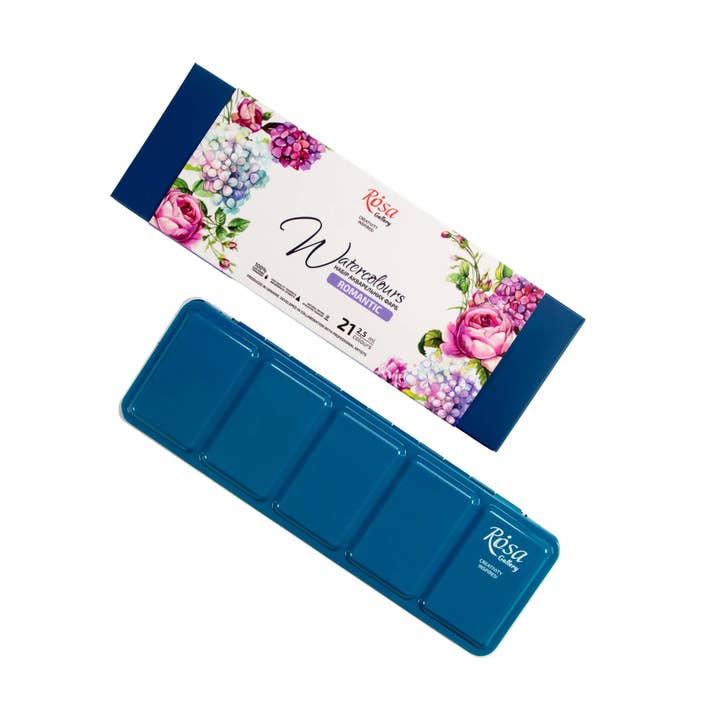 Fainotoys - Wholesale Watercolor Paint - ROSA Gallery Romantic Watercolor Set - 21 Colors, Full Pans in Turquoise Metal Case