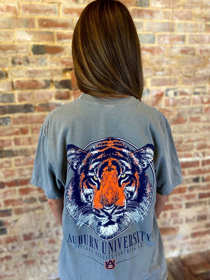 Grey Auburn Tiger Head Pocket Tee for wholesale on Faire