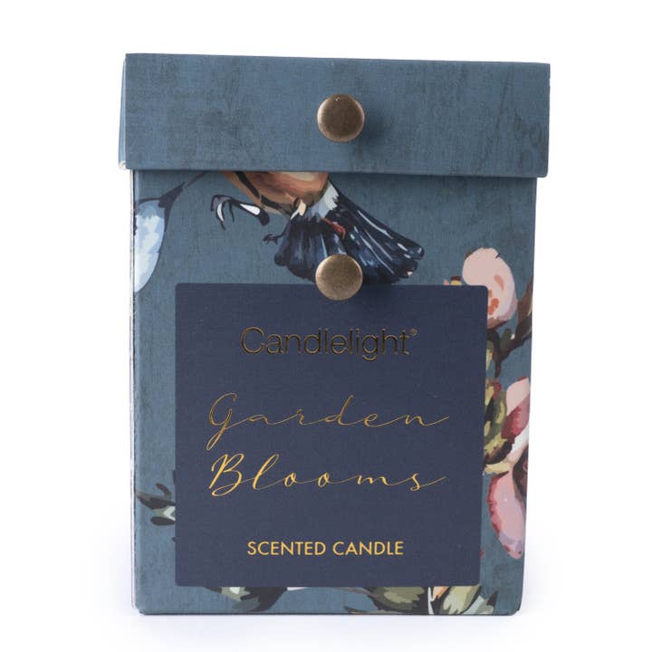 Candlelight Products Ltd – wholesale Jar/filled candle – Small Ridged Glass Candle - Garden Blooms Blue 6PK