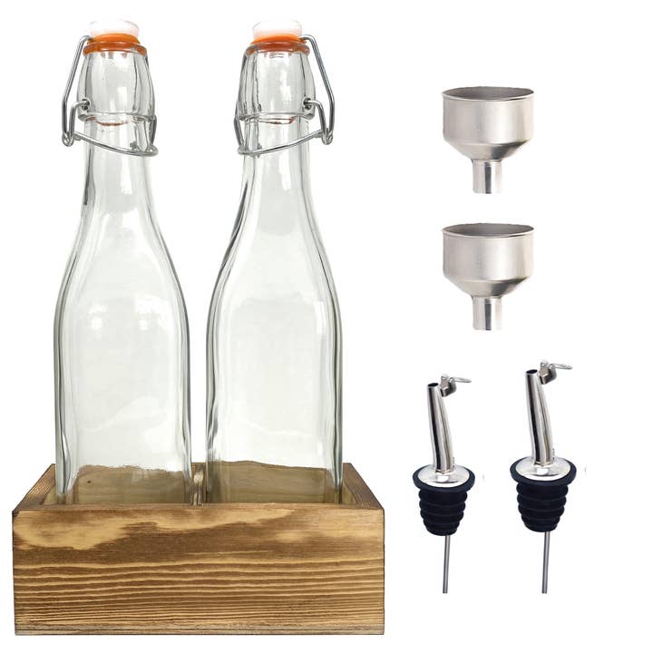 Flip Top Clear Glass Bottle with Wood Tray Funnel and Pourer for wholesale by CB Accessories