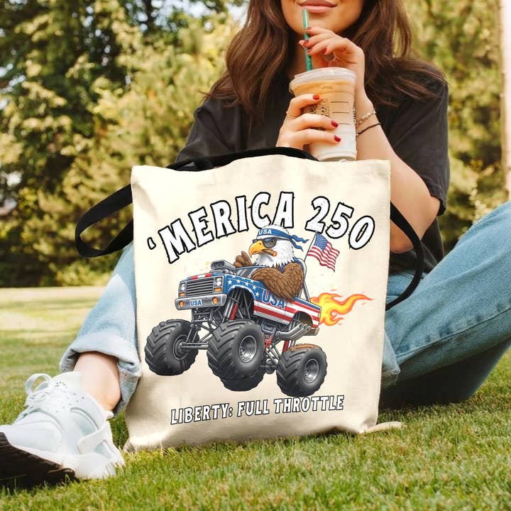 US 250 Milestone Patriotic Eagle Truck Raccoon Tote Bag for wholesale by Vivtrek