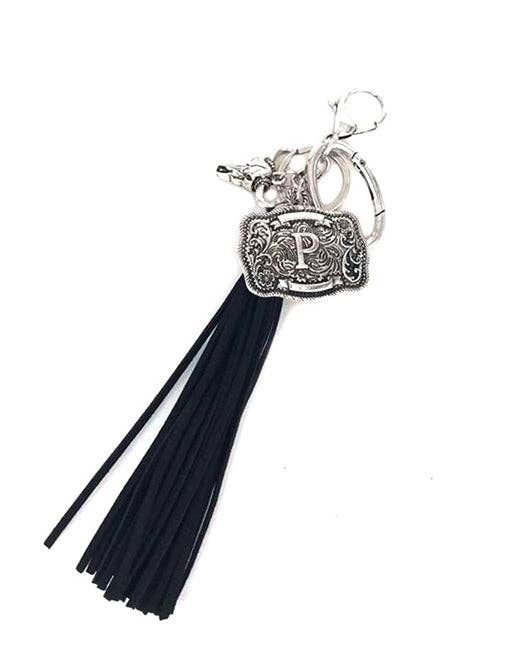 Snowing West - Wholesale Keychain - Unisex - Western Belt Buckle Initial Black Tassel Keychain15