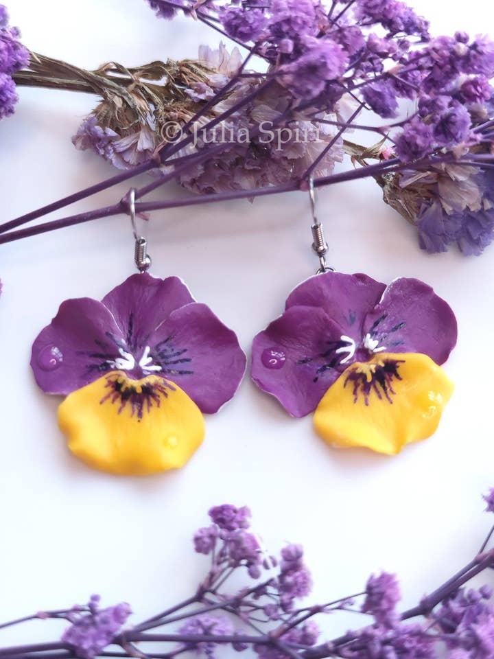 Handmade Polymer Clay Earrings. Pansies for wholesale by Julia Spiri
