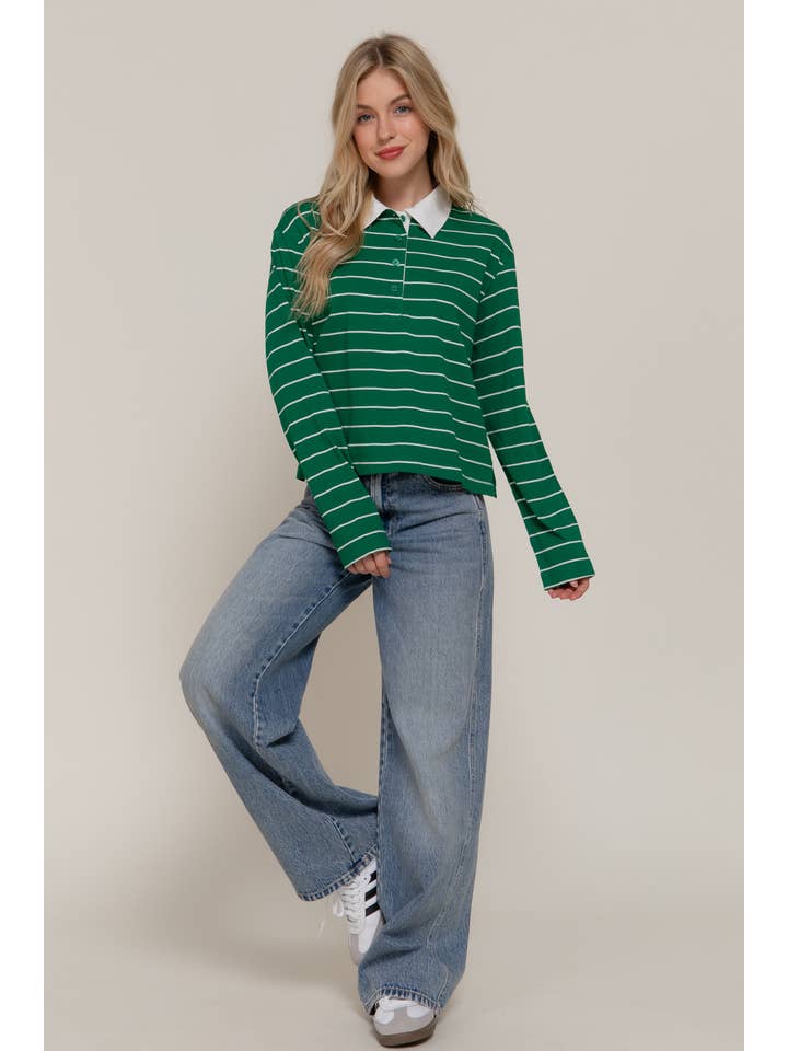 Active Basic | Active USA - Wholesale Polo - Women's - Long Sleeve Y/D Stripe Cotton Polo Shirt9