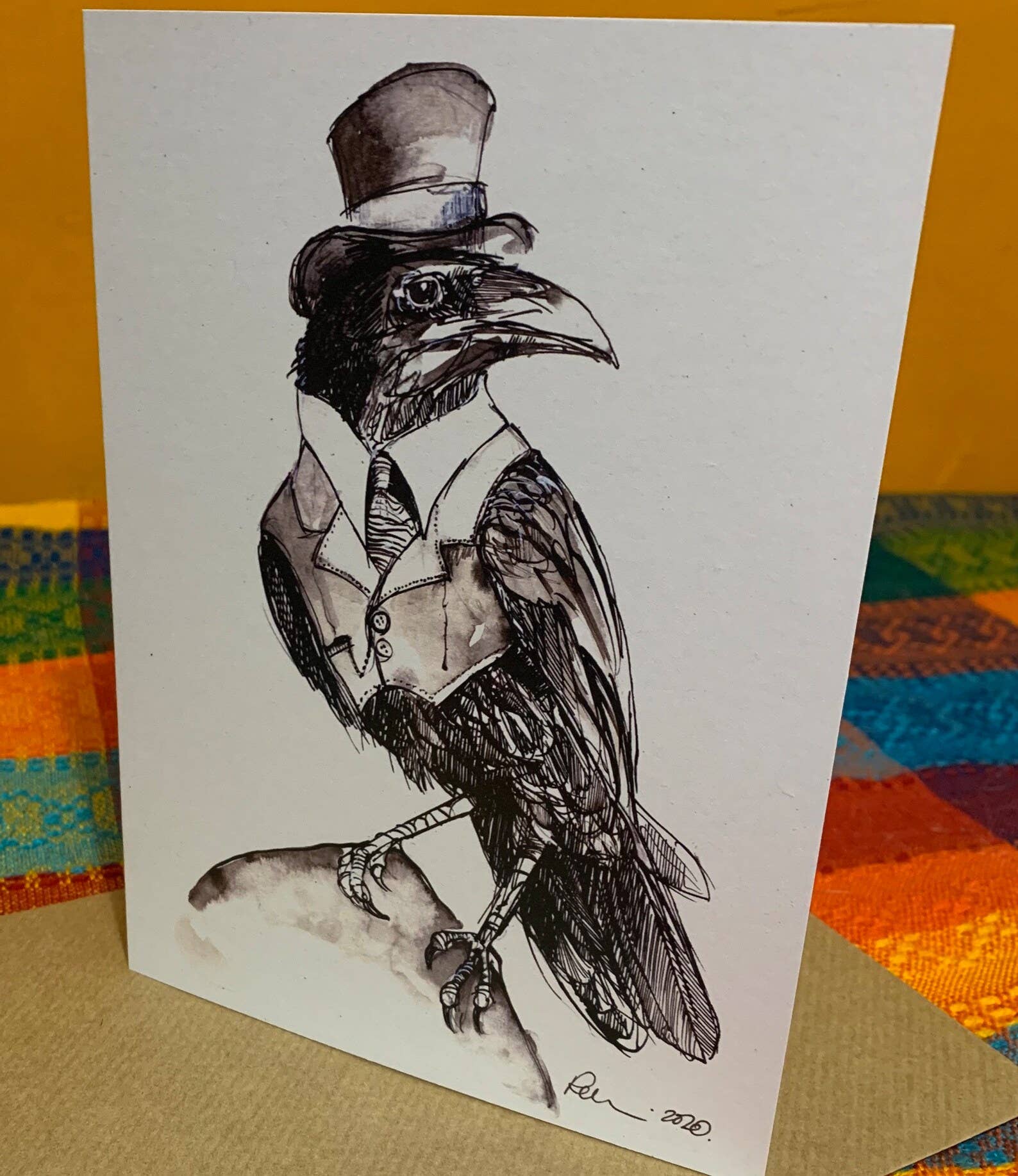 CreativeWithLine - Wholesale Everyday Greeting Card - Crow In a Top Hat. Blank art card1
