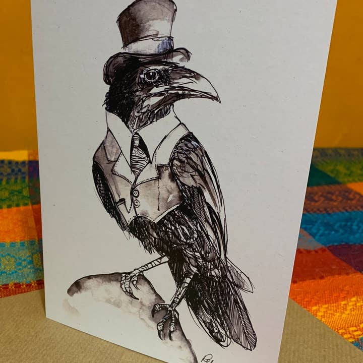 CreativeWithLine - Wholesale Everyday Greeting Card - Crow In a Top Hat. Blank art card1