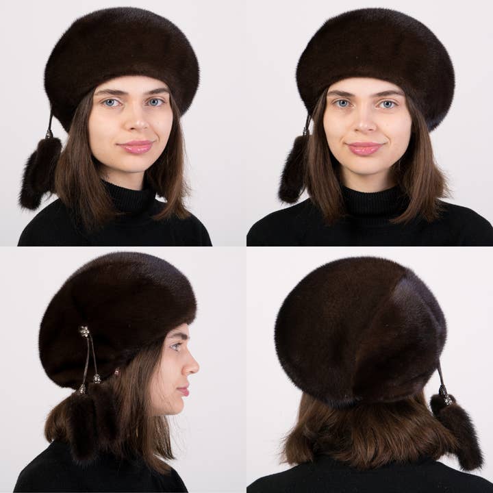FurStyleUa - Vente Béret – femme - Béret en fourrure de vison pour femmes, chapeaux d'hiver de luxe en fourrure véritable