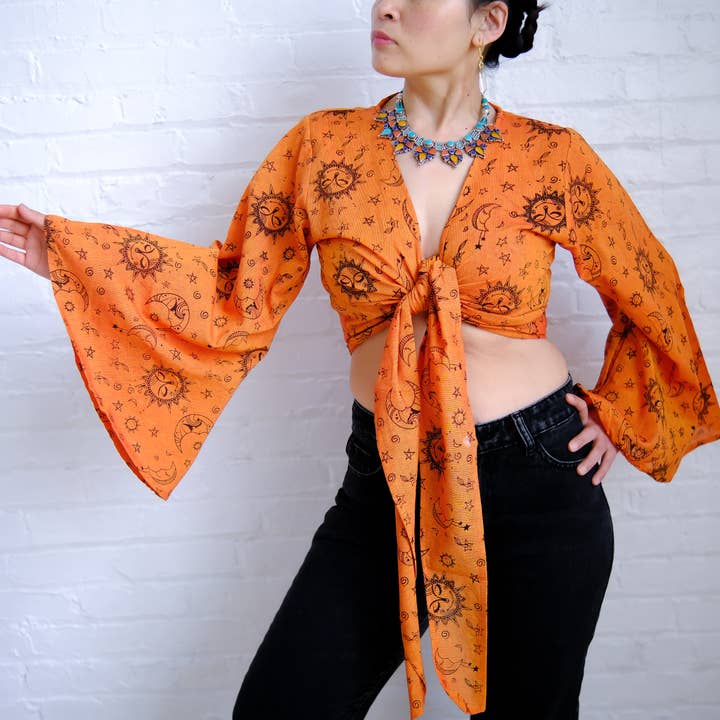 Celestial Print Boho Bell Sleeve Tie Top for wholesale by Karma Nepal Crafts
