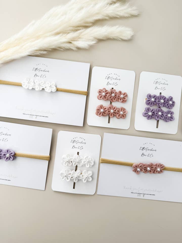 Pearl Heart Hair Clips & Nylon Headband for wholesale by Little Sunshines Bow & Co