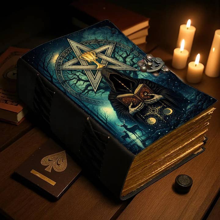 Handmade Gothic Leather Journal Mystical Pentagram Spellbook for wholesale by MNM HANDICRAFTS