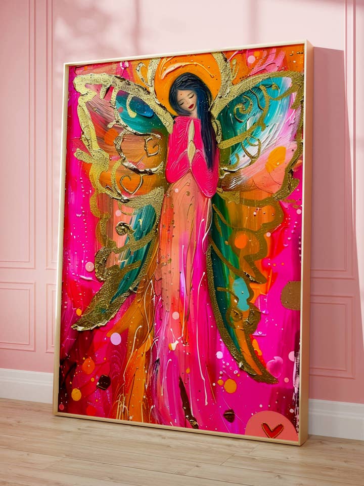 Moderna änglar duk i rosa och guld – Andlig väggkonst för wholesale av Seelenzauberstudio