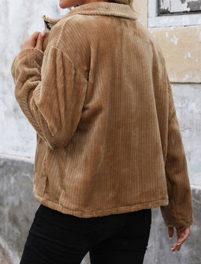 KHAKI Zip-Up Plush Jacket with Pockets for wholesale on Faire4