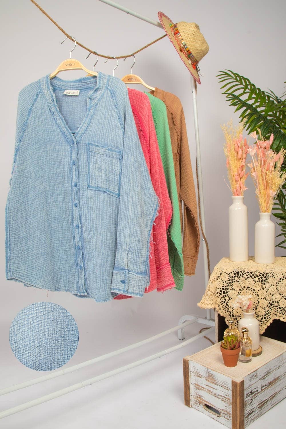 VERY J - Wholesale Button Down Shirt - Women's - NT11350-Oversized Washed Woven Crinkled Gauze Shirt Top