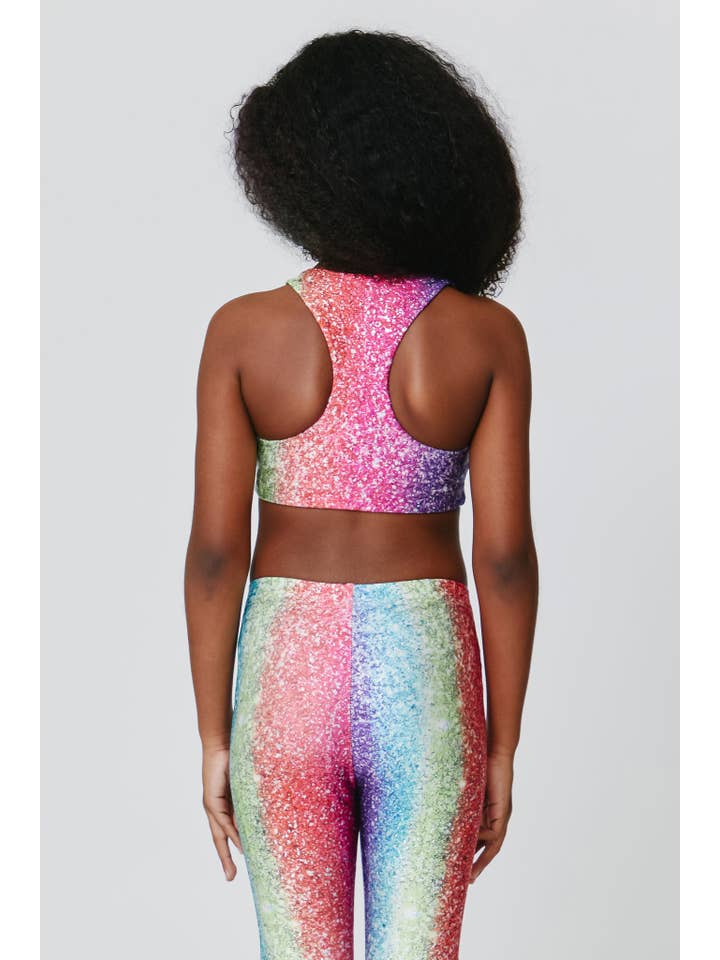 Kids Sports Bra in Rainbow Glitter Foil for wholesale on Faire