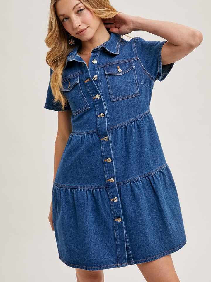 Bluivy - Wholesale Dress - Women's - DENIM TIERED BUTTON FRONT SHIRT DRESS