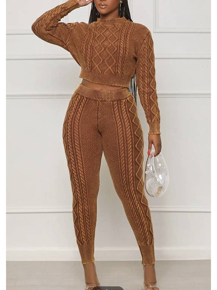 Beige MINERAL WASHED TWIST CABLE CROP TOP AND JOGGER SET for wholesale on Faire2