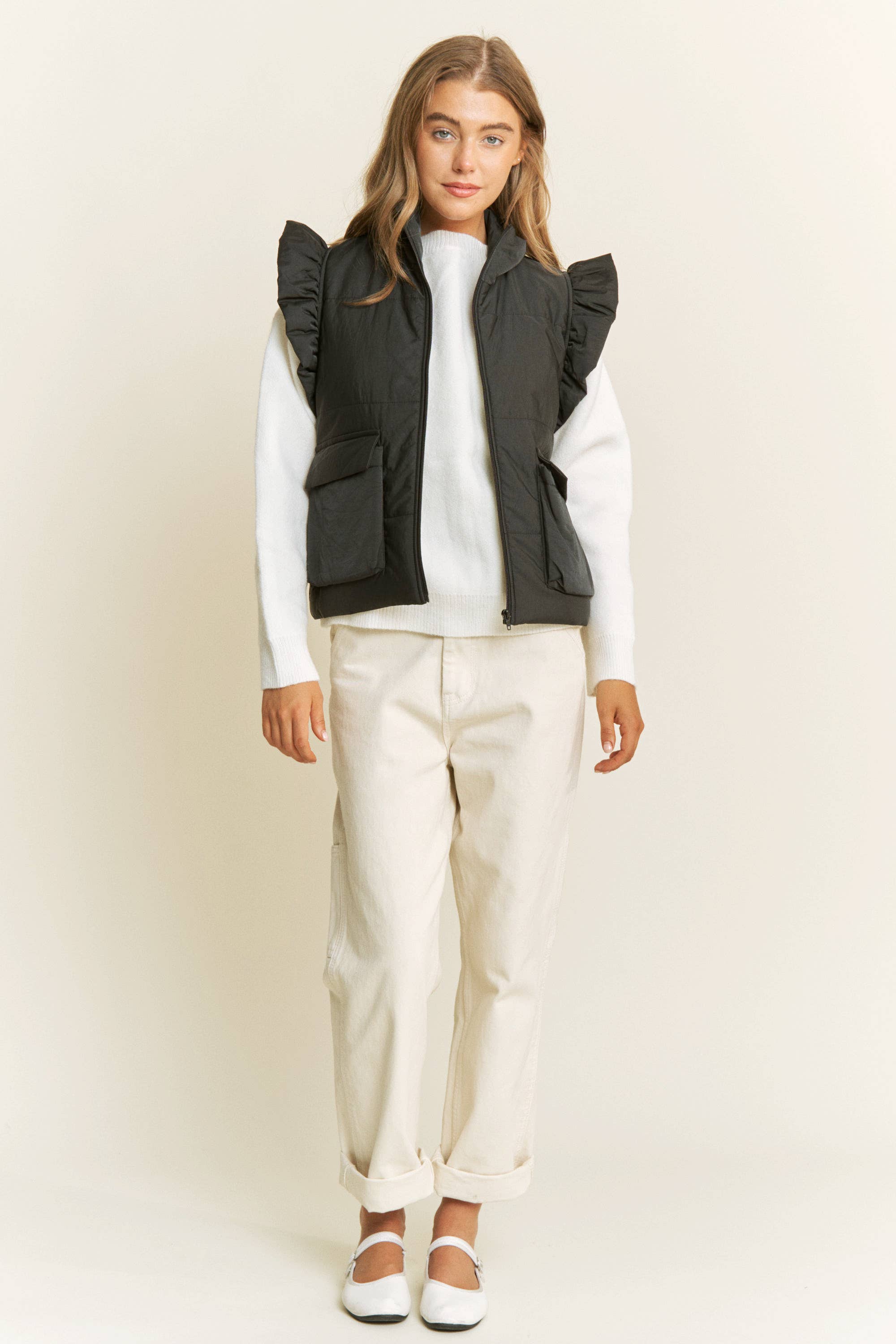 Sweet Generis - Vente Veste sans manches – femme - Veste matelassée zippée Everyday avec détails volantés aux emmanchures18