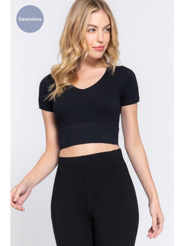 Active Basic | Active USA - Wholesale Athletic Top - Women's - Short Sleeve V-neck Seamless Crop Top