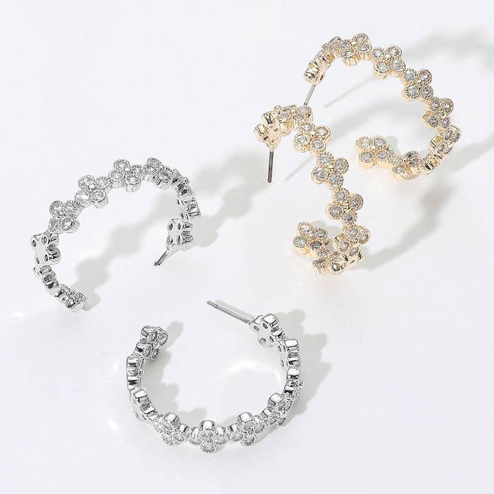Sensibling Corp. - Wholesale Hoop Earrings - 14K Gold Plated CZ Stone Quatrefoil Around Hoop Earrings